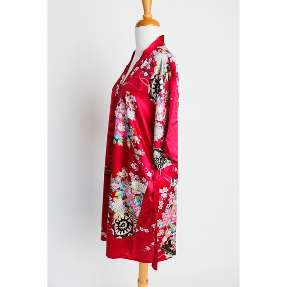 Chinese dressing robe, floral print red short dressing robe, 100% cotton - Picture 10 of 10